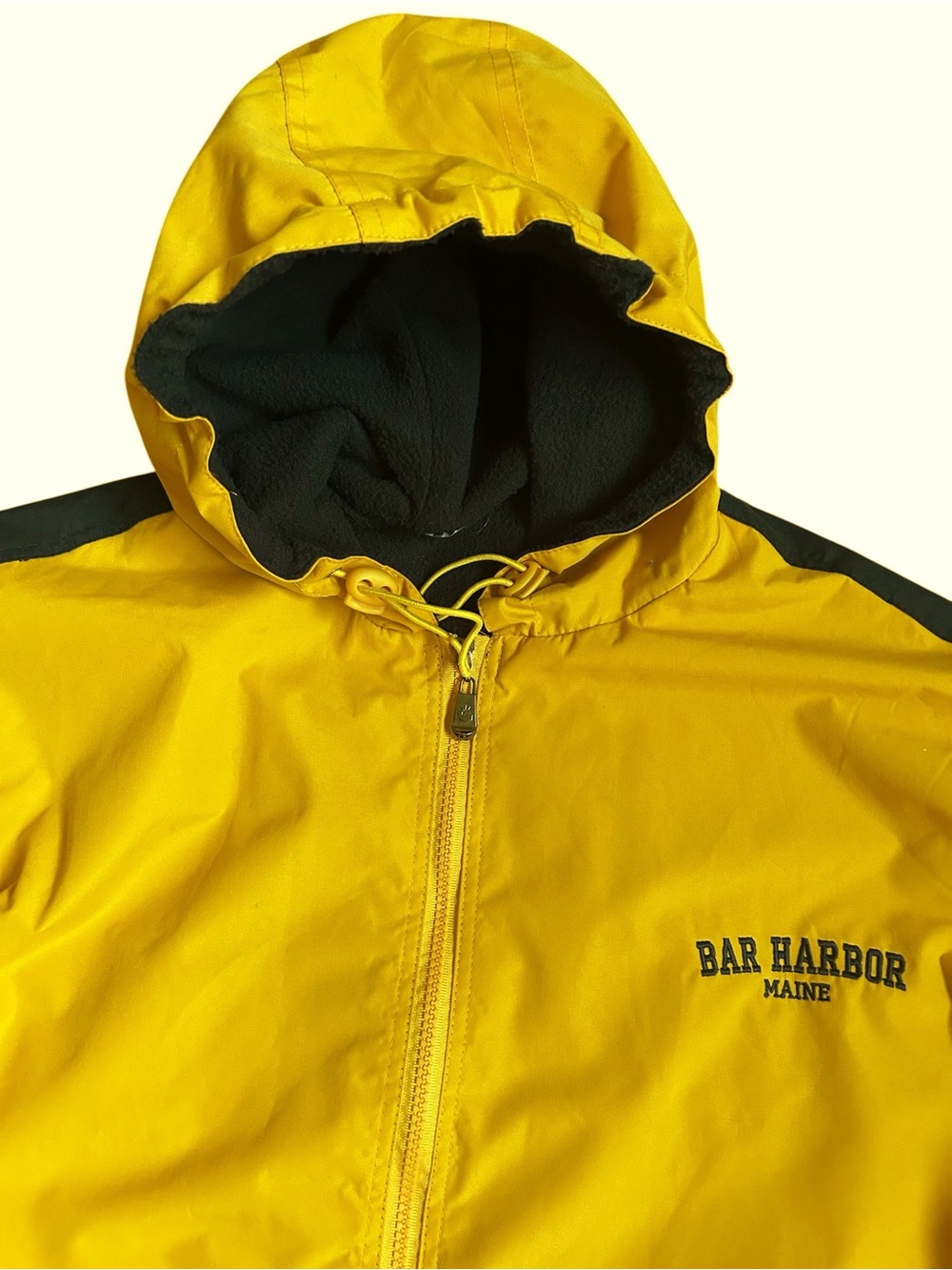 Men’s Bar Harbor Maine Yellow Navy Fisherman’s Hooded Fleece Lined Jacket XL